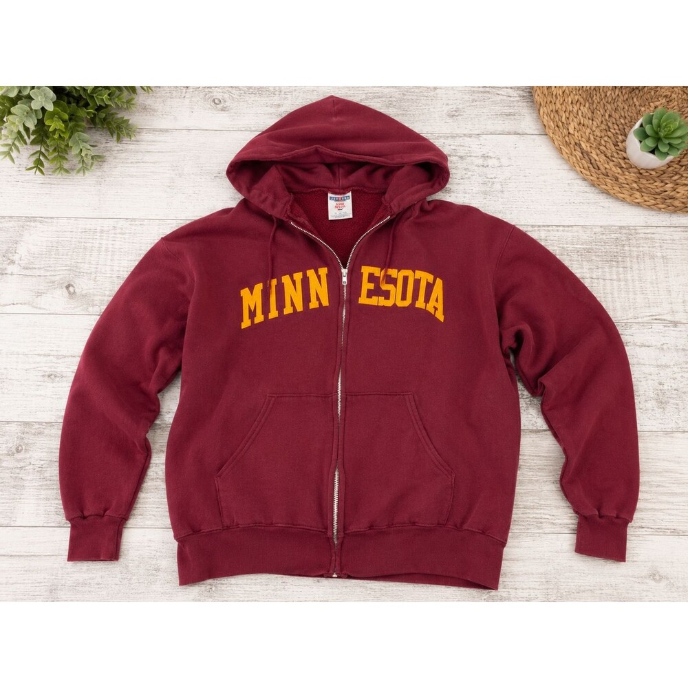 Jerzees Super Sweats Minnesota Full Zip Hoodie XL Maroon Gold College Spellout